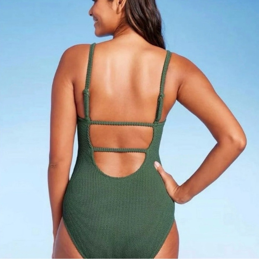 NWT Kona Sol One-Piece Swimsuit Swimwear Army Green Puckered Ribbed Flattering